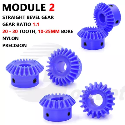 Straight Bevel Gear Module 2 90° 1:1 Pairing 20-30 Tooth 10-25mm Bore Nylon Blue • $7.75