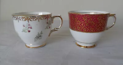 2 X Small Antique Salisbury Bone China Cups Flowers Crimson Gold • £12.50