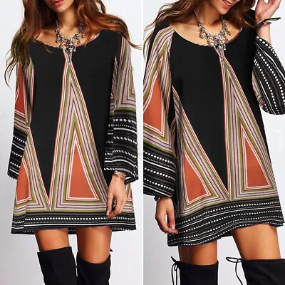 ZANZEA Women Round Neck Vinatge Printed Mini Sundress Casual Loose Short Dress • $22.98