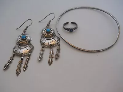 Lot 3 Vintage Native American Sterling Silver Turquoise Earrings Ring Bracelet • $19.99