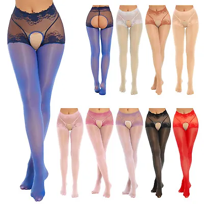 Womens Oil Glossy Crotchless Pantyhose Stockings Stretchy Tights Sports Lingerie • $9.14