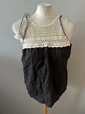 $8.54 • Buy Ladies Black And White Crochet Tie Shoulder Summer Linen Blend Top Size M Zara