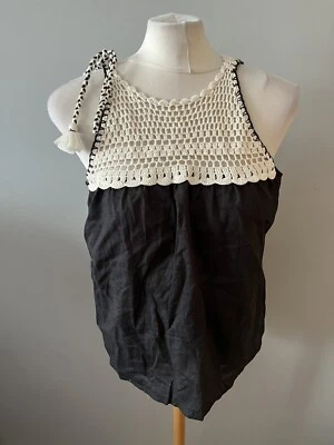 $8.54 • Buy Ladies Black And White Crochet Tie Shoulder Summer Linen Blend Top Size M Zara