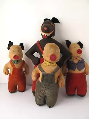 Vintage 3 Little Pigs & Big Bad Wolf Stuffed Dolls C. 1930's - 1940's • $595