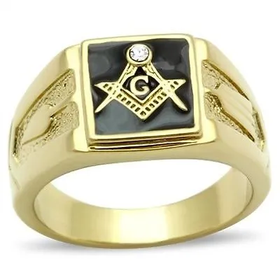 Stainless Steel Gold IP Mason Freemason Master Masonic Square Ring US Seller • $14.88