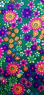 1960s Vtg. Sateen Fabric BTY *Mod Groovy Flower Power On Dk. Green *So Fro Orig. • $23