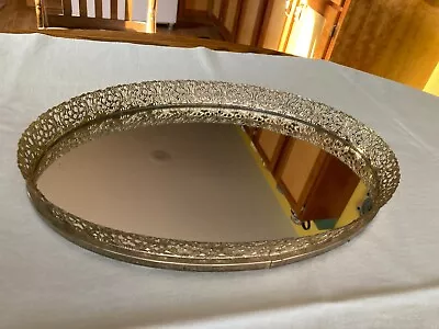 Vintage Metal Filigree Dresser Vanity Mirror Tray Oval Gold Tone 13.25 X 9” Nice • $16.99