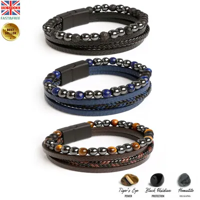 Mens Leather Magnetic Bangle Bracelet Pain Relief Arthritis Health Therapy Gifts • £2.59