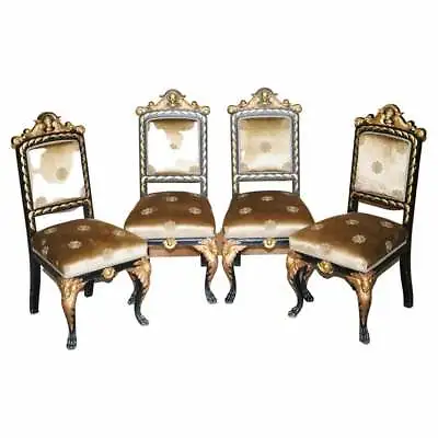 Four Restored Antique Victorian Heavily Carved Ebonised Gold Gilt Dining Chairs • $3514.48