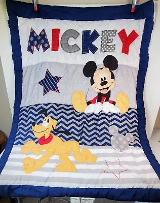 Disney Baby Mickey Mouse & Pluto Baby Blanket Quilt Blue Gray White • $39.99