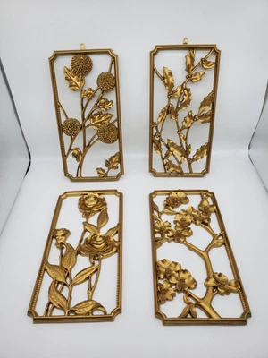 $38 • Buy Syroco Four Seasons Gold Flowers Decorative Wall Hanging Plaques VTG 1960s