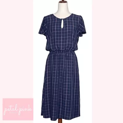 SIZE MED TALL | OLD NAVY Navy Blue Plaid Midi Dress Short Sleeve • £12.53