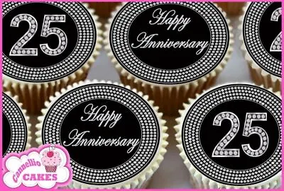 25th Anniversary Black & Diamond Edible Cupcake Toppers Decorations 8365 • £2.99