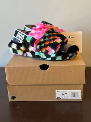 UGG Womens Fluff Yeah Slide Checks Black Multi SZ 9 • $85