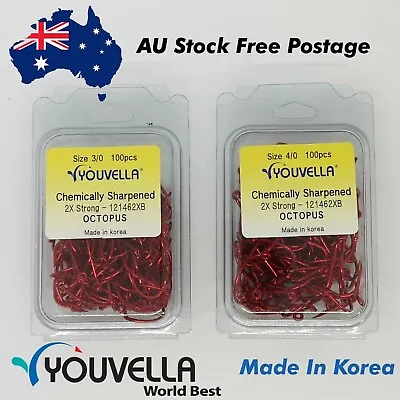 $29.99 • Buy Fishing Hooks Youvella Chem Sharpened Octopus Red 100pc Bulk Korea Made Free Pos