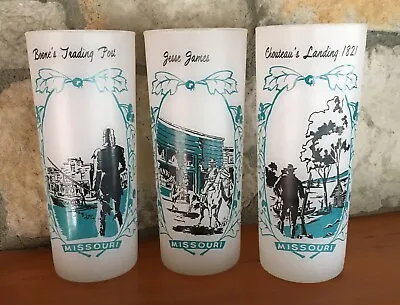 Vtg Missouri BARWARE Frosted Glass Tumblers Cowboy Western Jesse James SET OF 3 • $24.95