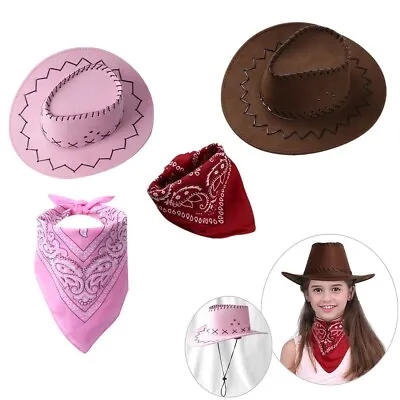 Kids Western Cowboy Drawstring Felt Hat With Bandanna Fancy Dress Up Accessories • $7.35