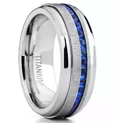 Men's 8mm Brushed Titanium Steel Blue Sapphire CZ Comfort-Fit Wedding Band • $13.95