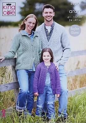 KNITTING PATTERN Mens Womens Children Family Cable Cardigans Aran King Cole 5957 • £4.49
