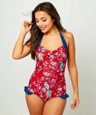 Joe Browns Womens Floral Swimsuit Tie Halter Neck One Piece Size 18 Frill BNWT • £18