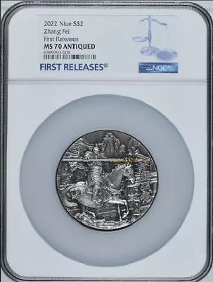 NGC MS70 Antiqued Niue 60mm Coin - Three Kingdoms 5 Tiger Generals - Zhang Fei • $325