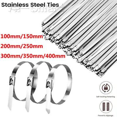 20-100PCS Metal Zip Ties 304 Stainless Steel Heavy Duty Self-Locking Cable Ties • £2.75