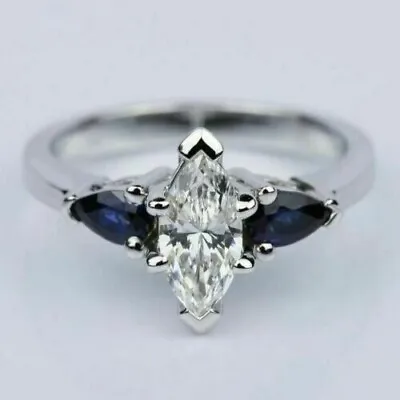 2 Ct Marquise Cut Moissanite & Sapphire Wedding Ring In 14k White Gold Plated • $78.10