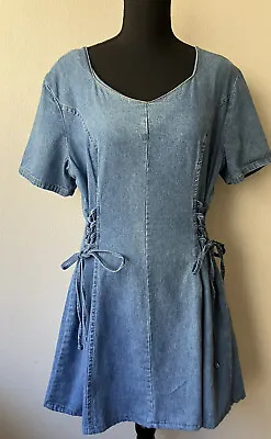 Vintage 90s M.H.M Melissa Harper Blue Denim Dress W/ Lace Up Tie Detail S/M • $28