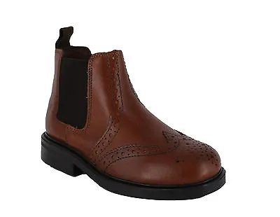 Oaktrak Appleby Boys Brown Leather Brogue Pull On Chelsea Boots • £19.99