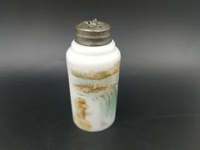 Vintage Milk Glass Pepper/Salt/Sugar Shaker W/Hand Painted Water Fall Metal Lid • $12
