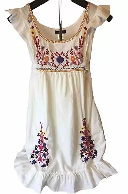 Sundress Mexican Style Colorful Embroidered Cotton Pullover With Ruffled Hem • $25