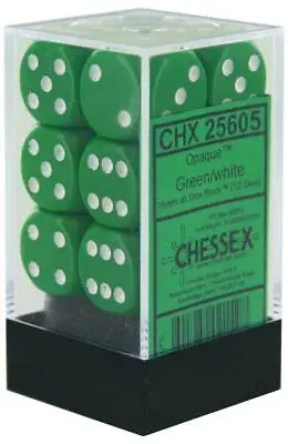 Chessex Opaque Green With White 12 Dice Set - 6 Sided - 16mm D6 Dice Block • $3.99