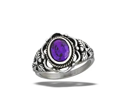 Stainless Steel Amethyst CZ Ring With Braid And Leaf Design • $14.49