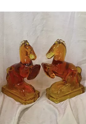 Vintage LE Smith Blown Glass Amberina Rearing Horse Bookends; Orange Retro Decor • $129.99