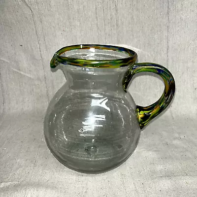 Mexican Glass Hand Blown Pitcher Swirl Colored Rim And Handle • $24.99