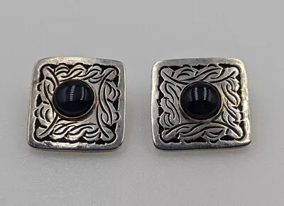 Vintage Sterling Silver Mexico Black Onyx Filigree Square Clip On Earrings 25.5g • $24.74