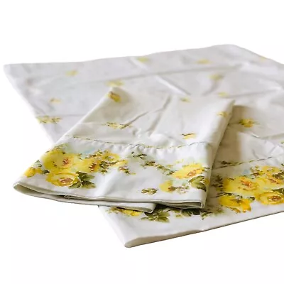 2 VTG Sears Perma-Prest Percale Queen Pillowcases Yellow Rose Floral Scallop Set • $20.30