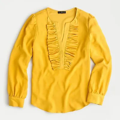 J Crew Long Sleeve Ruffle Front Blouse Top Satin Crepe Rich Gold Yellow Large • $25.89