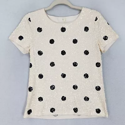 J Crew Shirt Womens Small Cream Black Polka Dot Sequin Short Sleeve Cocktail • $18.84