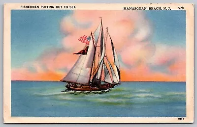 Fisherman Sea Manasquan Beach New Jersey Sailboat American Flag UNP VNG Postcard • $7.99
