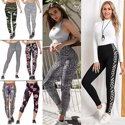 Ladies Full Length Stretchy Printed Leggings Gym Yoga Sports Skinny Casual Pants • £6.99