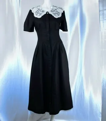 LAURA ASHLEY New Black With White Lace Solid Women Linen Long Dress Size 8 • £482.57