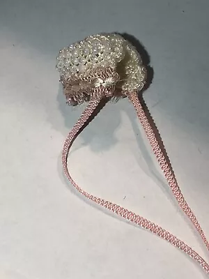 Dollhouse Miniature Artisan Tiny Crocheted Glass Beaded Baby Bonnet Pink Ribbon • $29.99