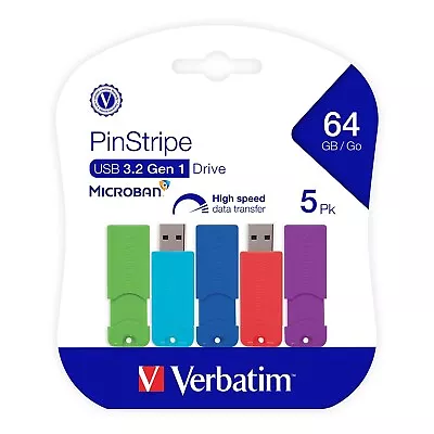 Verbatim PinStripe 64GB USB 3.2 Type-A Flash Drive Assorted Colors 5/Pack • $34.20