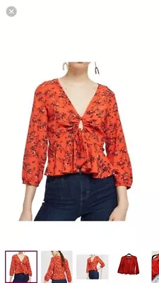 Topshop Red Floral Peplum Blouse Boho Cropped Top Tie 3/4 Sleeve Girly Size 4 • $18