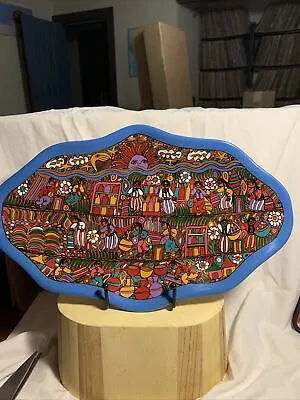 Mexican Folk Art Octagon Beautiful Vibrant Colored Red Clay Platter • $18.05