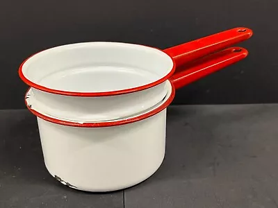 Vintage White Red Enamelware Pans 2 Piece Double Boiler Handled Pots • $4.50