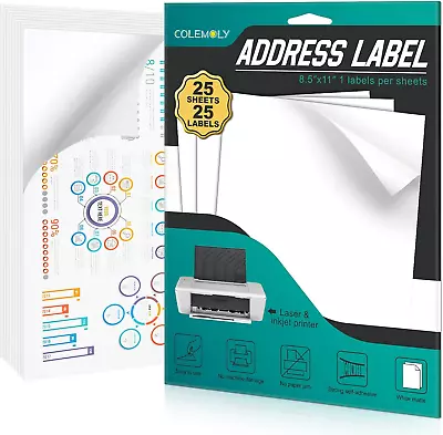 8.5X11 Inch Sticker Labels - 25 Sheets For Inkjet/Laser Printers Matte White 25  • $8.61