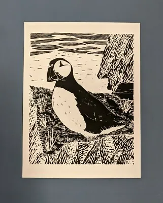 Atlantic Puffin Print - Hand Drawn Hand Printed Linocut Art Print • £9.50