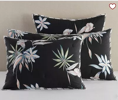 Pottery Barn Roxy Island Life KING Shams Black Floral & Stripe Reverse Set Of 2 • $79.99